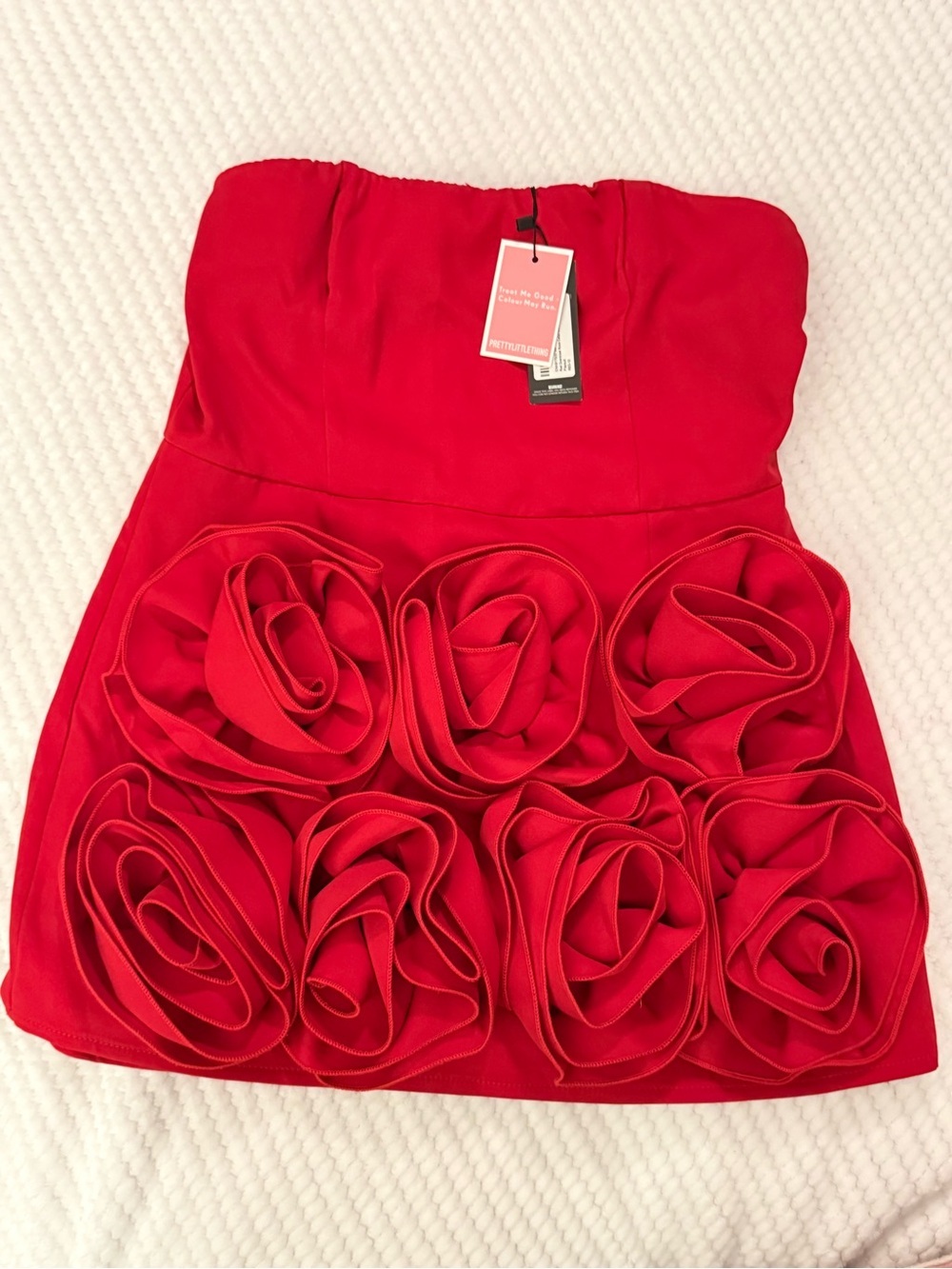 PrettyLittleThing Red Strapless Rose-Appliqué bandeau skort playsuit